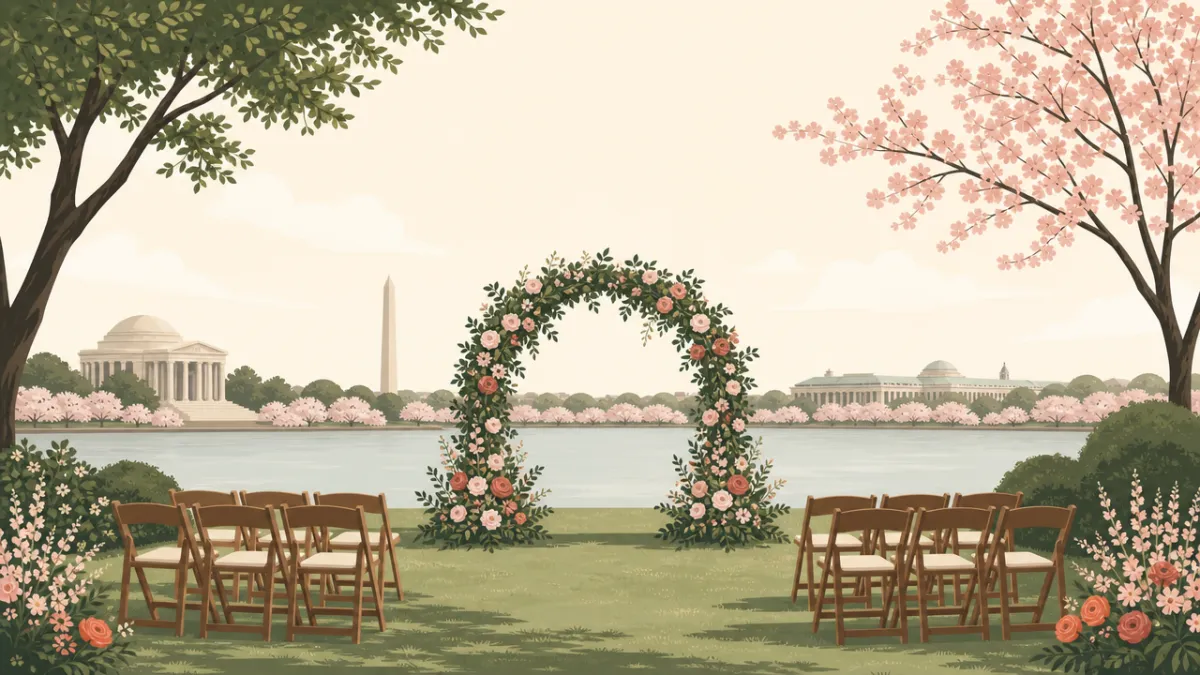 Illustration of outdoor ceremony and reception sites in the Washington, DC area